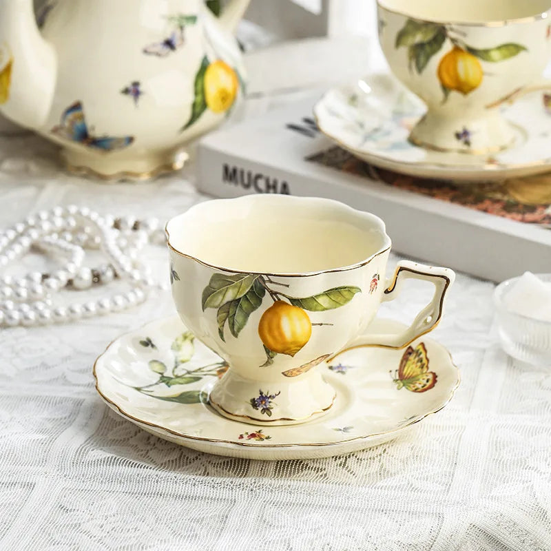 Vintage European-style Coffee Mug Afternoon Tea Set Tape Disc Teapot Kettle Lemon Pattern Porcelain Handle Cup Mugs Coffee Cups