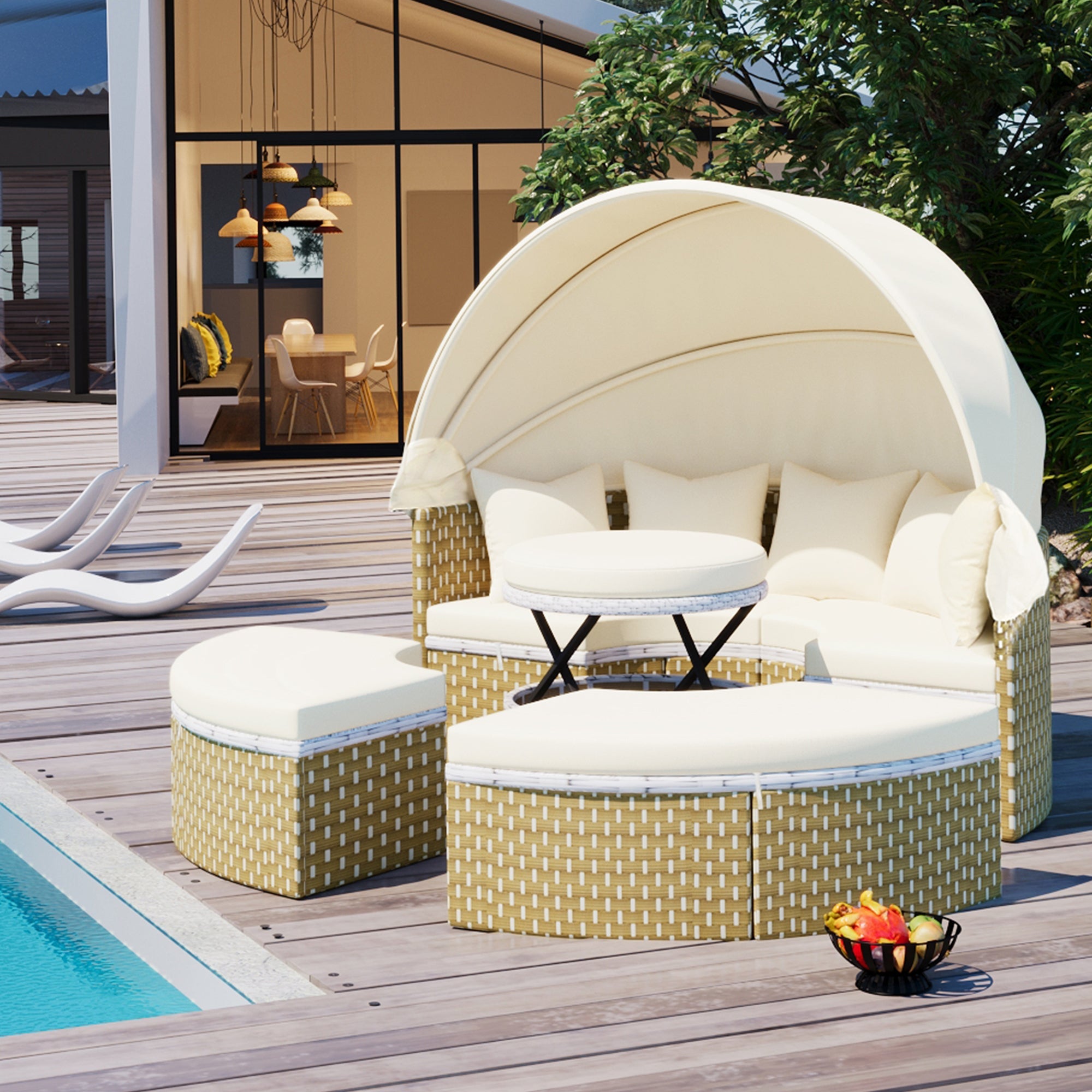 Patio Furniture Round Outdoor Sectional Sofa Set Rattan Daybed SHIPPING ONLY IN USA
