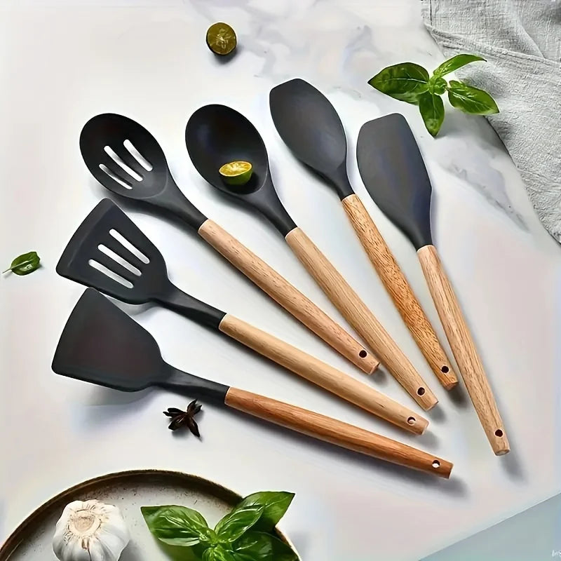 Silicone Kitchen Utensil Set with Wooden Handles Cooking & Baking Tools Including Non-Stick Spatula, Ladle, Whisk & Storage Rack