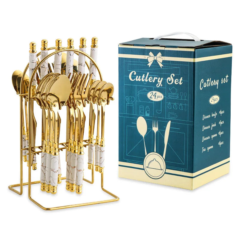24 Pcs Stainless Steel Cutlery Hammer Pattern Ceramic Handle Knife Fork Spoon Set cutlery set travel cutlery set flatware set