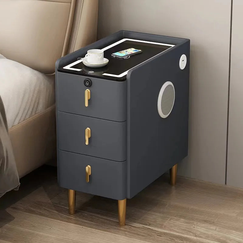 Nordic Style Intelligent Solid Wood Bedside Table Faux Leather 3 Drawers Nightstands with Wireless Charging Side Storage Cabinet