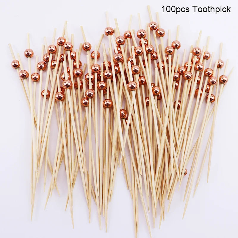 100Pcs White Pearl Bamboo Food Fruit Picks Wedding Party Disposable Cake Dessert Cocktail Sticks Buffet Cupcake Toothpick Skewer