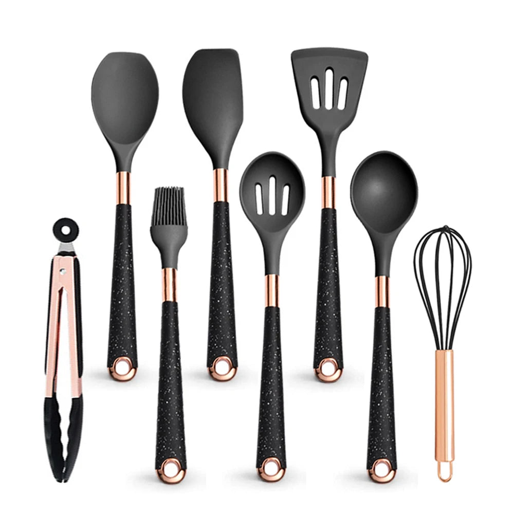 Gold Plated Handle Silicone Cooking Utensils Set Kitchen Non-stick Tool Gadgets BPA FREE Kitchenware Heat Resistant Spatula Set