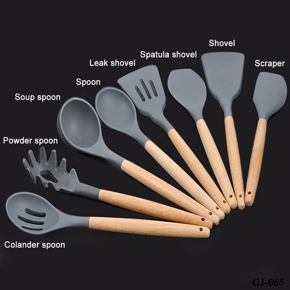 Silicone world Cooking Kitchenware Tool Silicone Utensils With Wooden Multifunction Handle Non-Stick Spatula  Spoon Brush