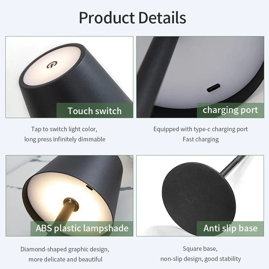 Decorative Rechargeable Led Table Lamp with Touch Switch Wireless 3 Levels Dimmable Light Colors for Office Desk Reading Bedroom