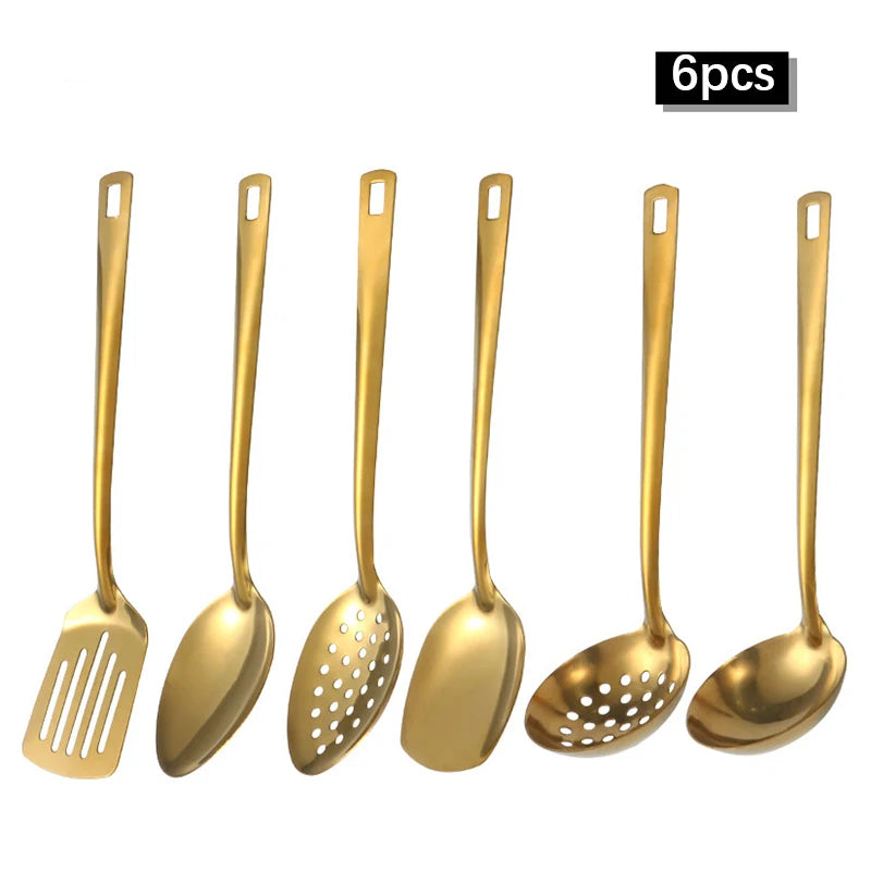 6pcs Korean-style Hot Pot Cutlery Set Stainless Steel Dinnerware Set Home Creative Korean Cutlery Golden spoons Kitchenware Set