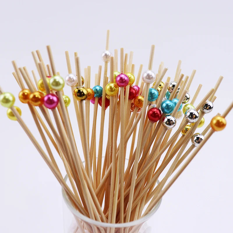 100Pcs White Pearl Bamboo Food Fruit Picks Wedding Party Disposable Cake Dessert Cocktail Sticks Buffet Cupcake Toothpick Skewer