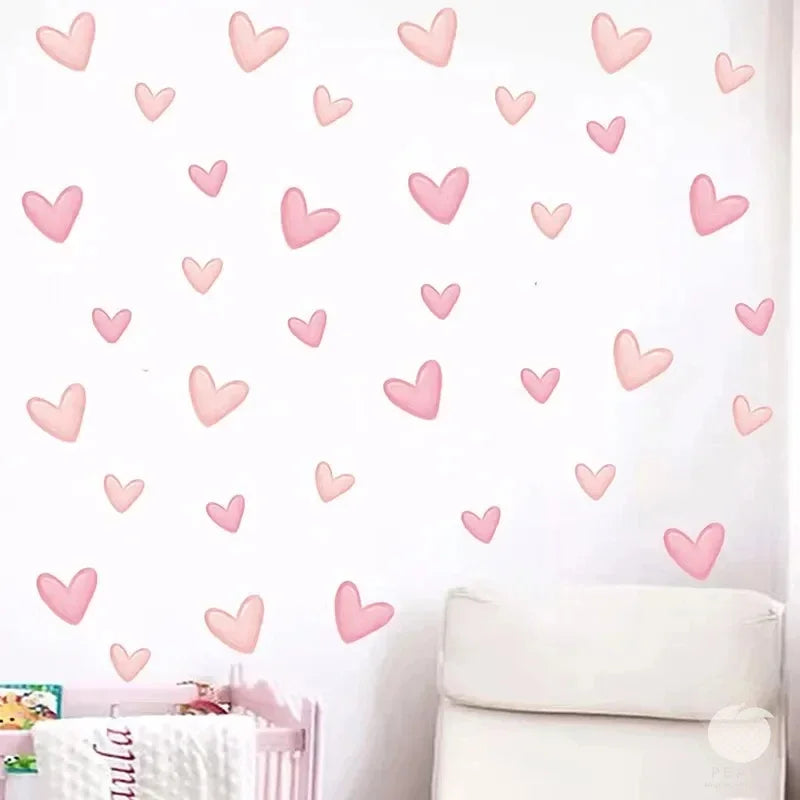 60Pcs Soft Pink Big Small Heart Shape Wall Stickers for Waterproof Removable PVC  Home Decoration