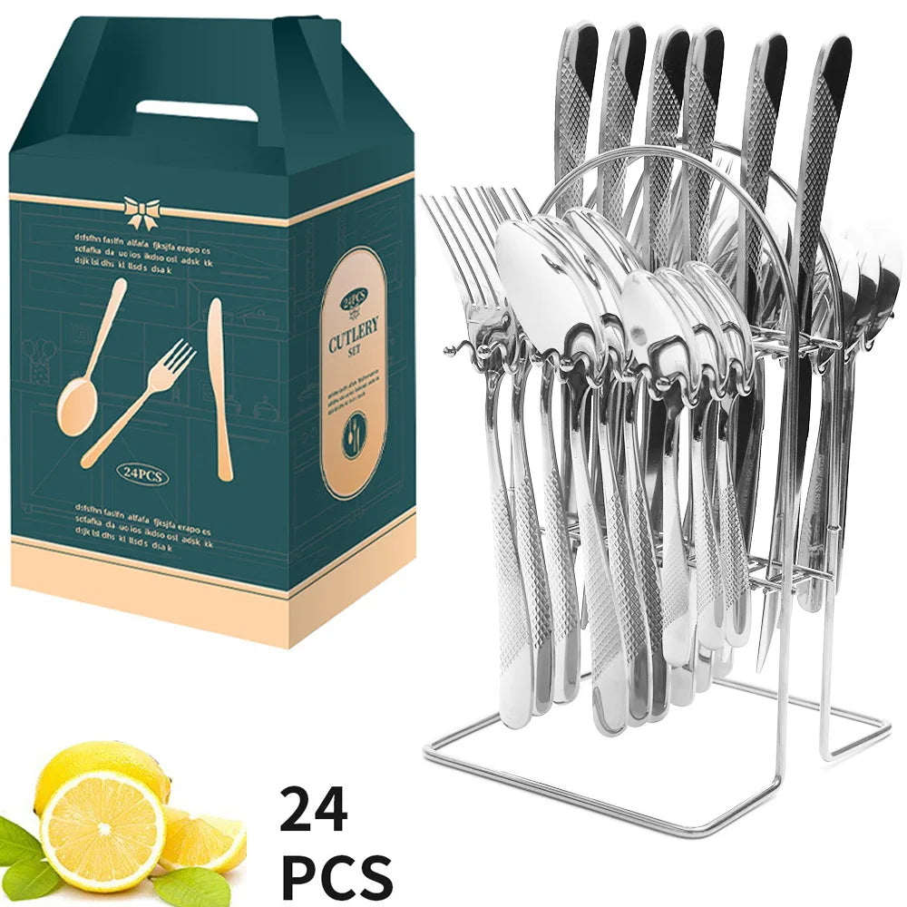 24 Pcs Stainless Steel Cutlery Hammer Pattern Ceramic Handle Knife Fork Spoon Set cutlery set travel cutlery set flatware set