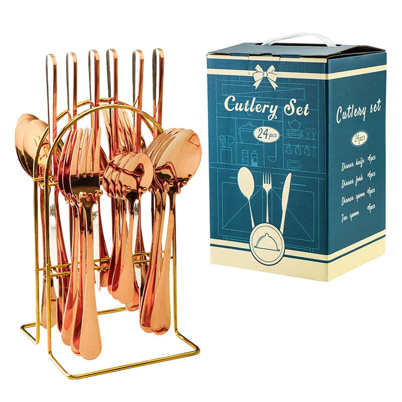 24 Pcs Stainless Steel Cutlery Hammer Pattern Ceramic Handle Knife Fork Spoon Set cutlery set travel cutlery set flatware set