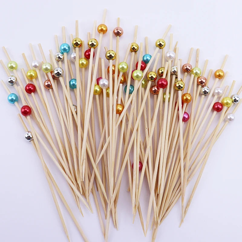 100Pcs White Pearl Bamboo Food Fruit Picks Wedding Party Disposable Cake Dessert Cocktail Sticks Buffet Cupcake Toothpick Skewer