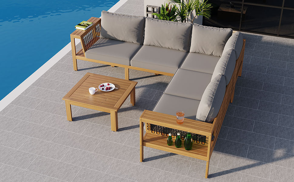 4 Pieces Outdoor Acacia Wood Sofa Set, Woven Mesh Armrests, L-Shaped SHIPPING ONLY IN USA