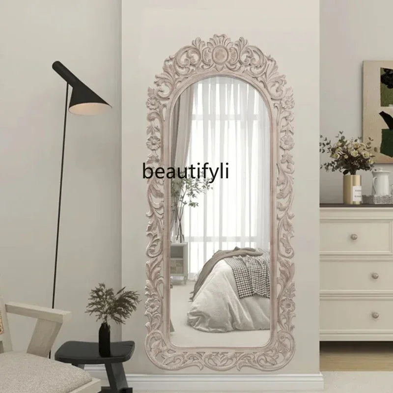 French light luxury carved living room entrance decorative mirror American retro wall-mounted full-length mirror9338