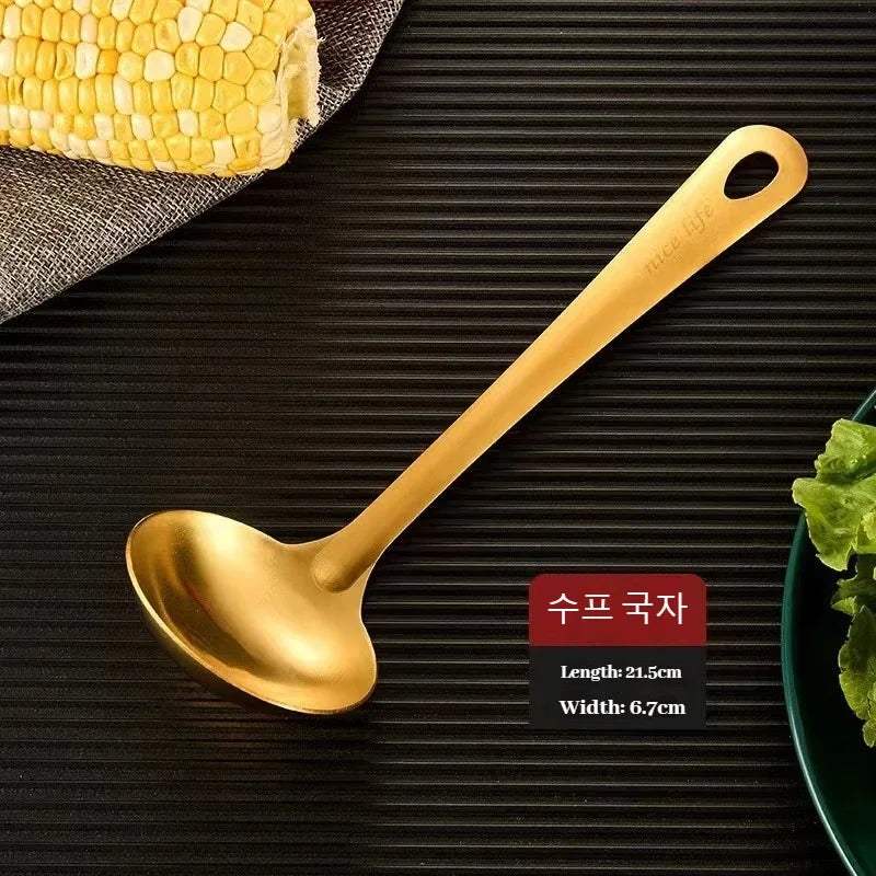 6pcs Korean-style Hot Pot Cutlery Set Stainless Steel Dinnerware Set Home Creative Korean Cutlery Golden spoons Kitchenware Set