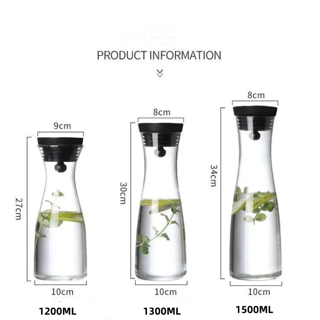 Glass Carafe with Lid Stainless Steel Fruit Skewer, Heat Resistant Water Pitcher for Ice Tea Juice Hot or Cold Water 1.2/1.5L