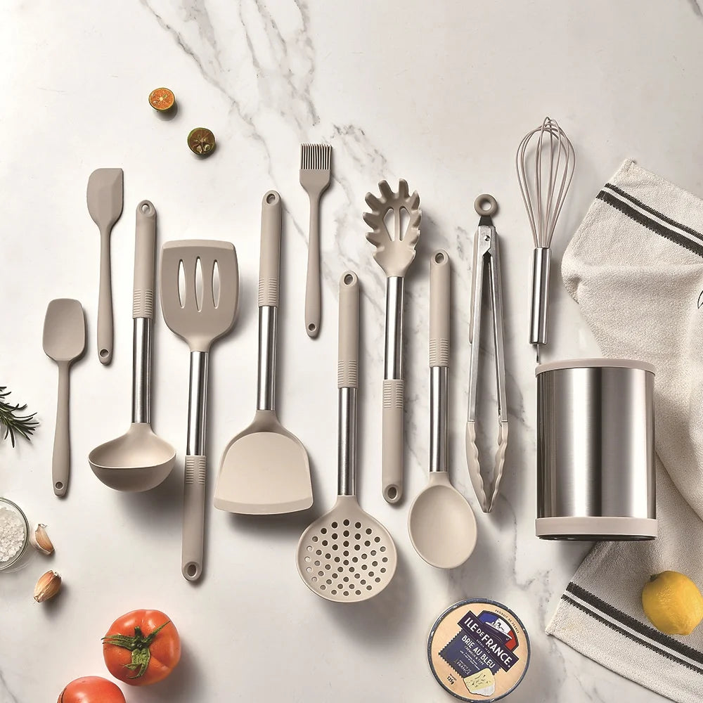 12PCS 360 Degree Rotating Base Cooking Tool Sets Non-toxic Baking Kitchen Utensils Silicone Shovel Spoon Scraper Brush Turner