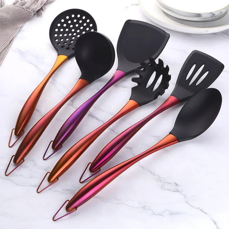 1-7PCS Cooking Tools Set Soup Scoop Slotted Spoon Turner Ladle Stainless Steel with Silicone Head Hanging Kitchen Server Pot