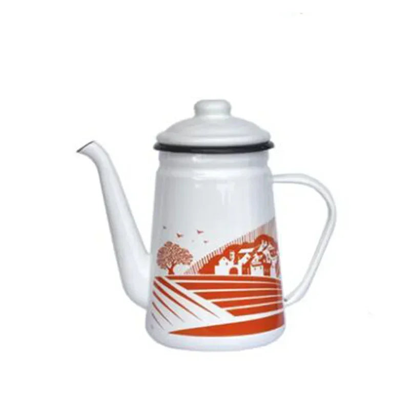 1.1L Enamel Coffee Pot Hand Tea Kettle Induction Cooker Gas Stove Universal Enamel Vintage Kettle Water Kettle Teapot