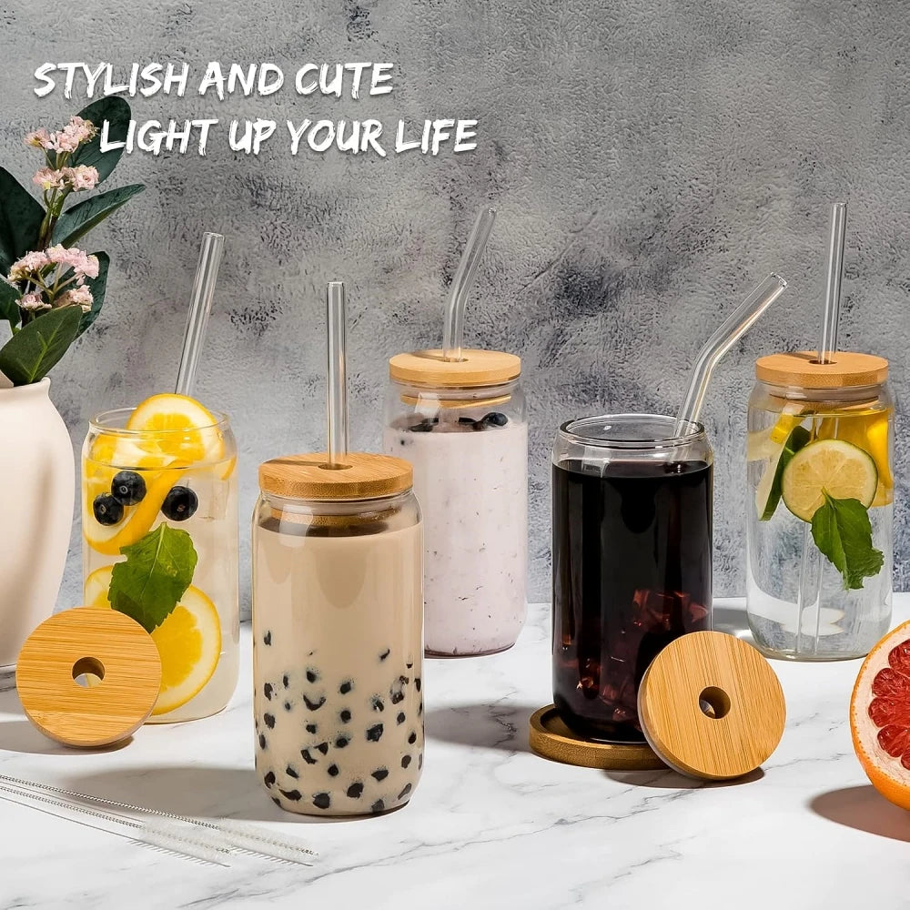550ML Glass Cup With Wooden Lid And Straw Juice Drink Beer Mug Coffee Milk Transparent Water Cup Suitable For Parties Drinkware