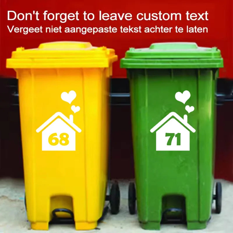 3Pcs Custom Number Vinyl Sticker Waterproof Heart House Wheelie Bin Number Decal for Outdoor Garbage Trash Can