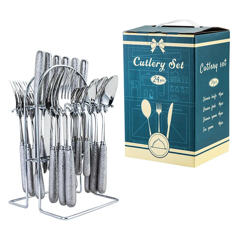 24 Pcs Stainless Steel Cutlery Hammer Pattern Ceramic Handle Knife Fork Spoon Set cutlery set travel cutlery set flatware set