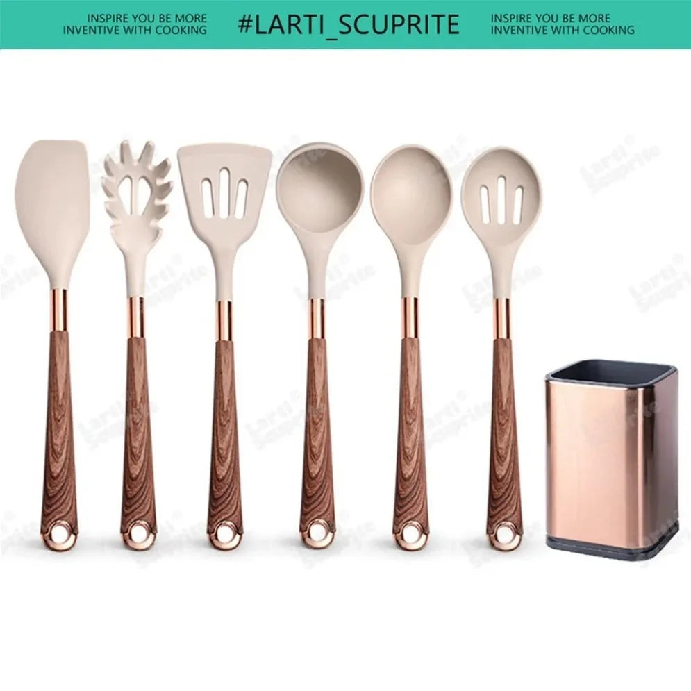 Gold Plated Handle Silicone Cooking Utensils Set Kitchen Non-stick Tool Gadgets BPA FREE Kitchenware Heat Resistant Spatula Set