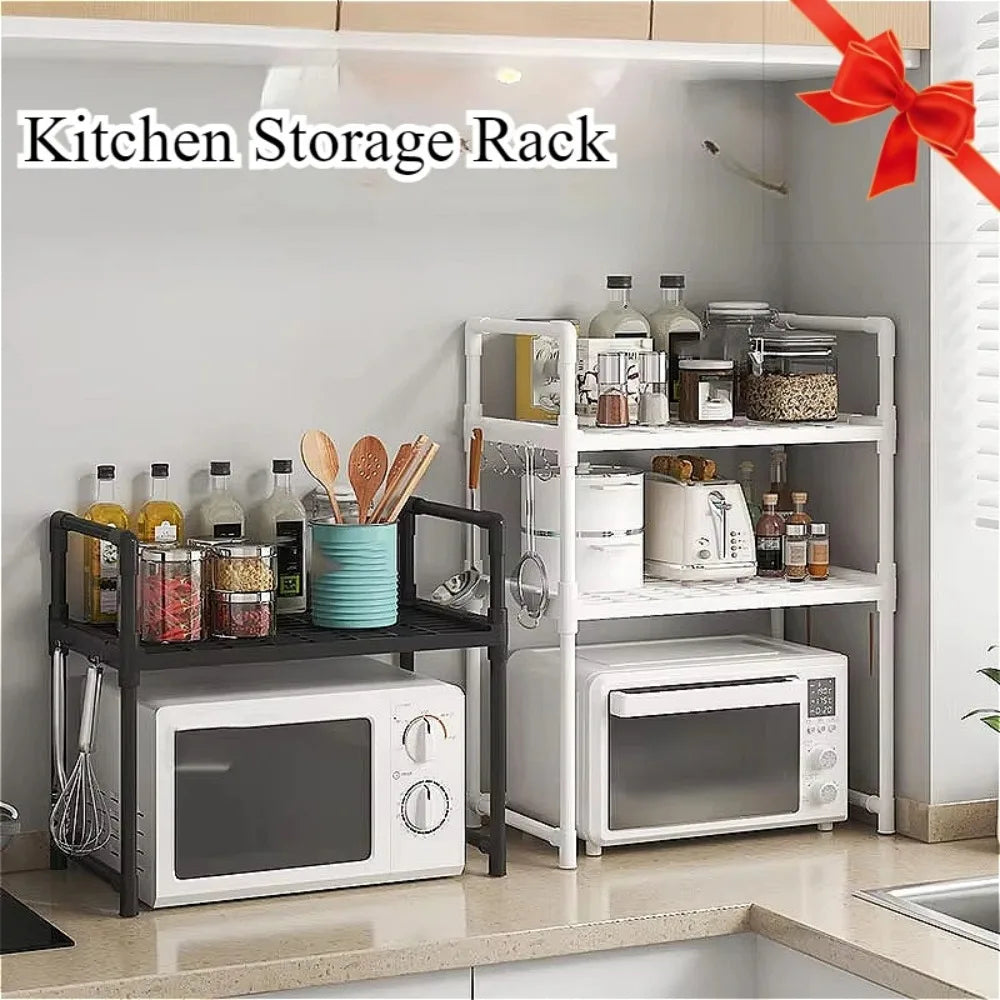 Kitchen Storage Rack Shelf Organizer for Microwave Oven Toaster Spice Bottles with Hooks Adjustable Stand for Home Dining Room