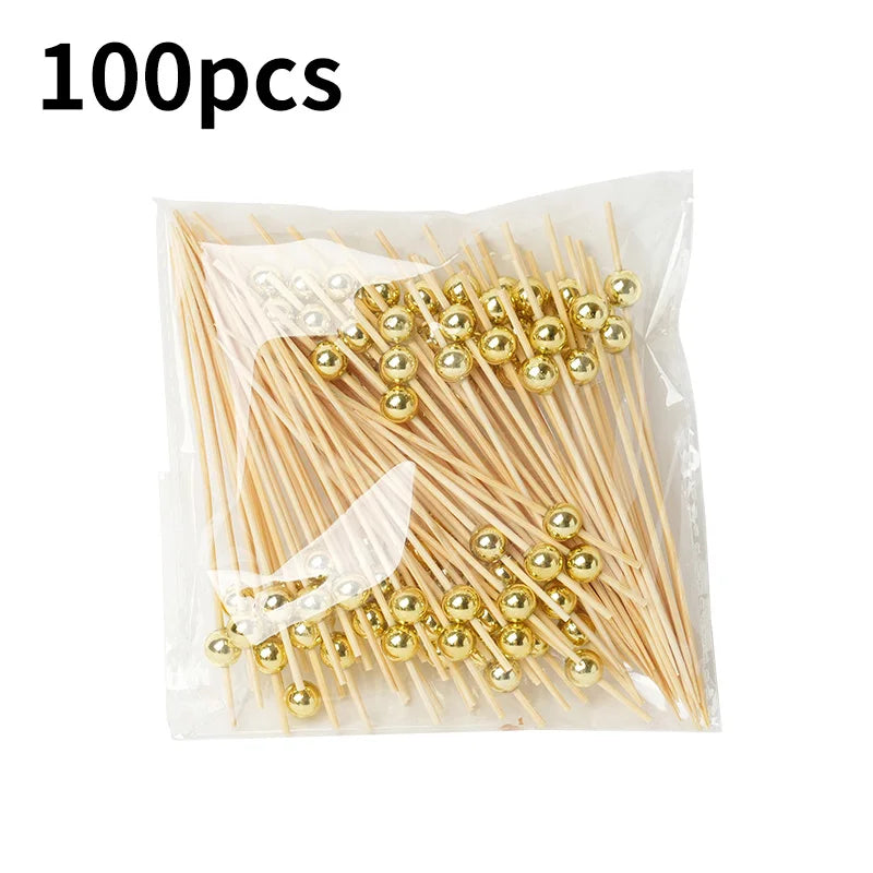 100pcs Disposable Bamboo Food Fruit Toothpick Salad  Cake Dessert Fork Stick for Wedding Birthday Party Decor Cocktail Toothpick