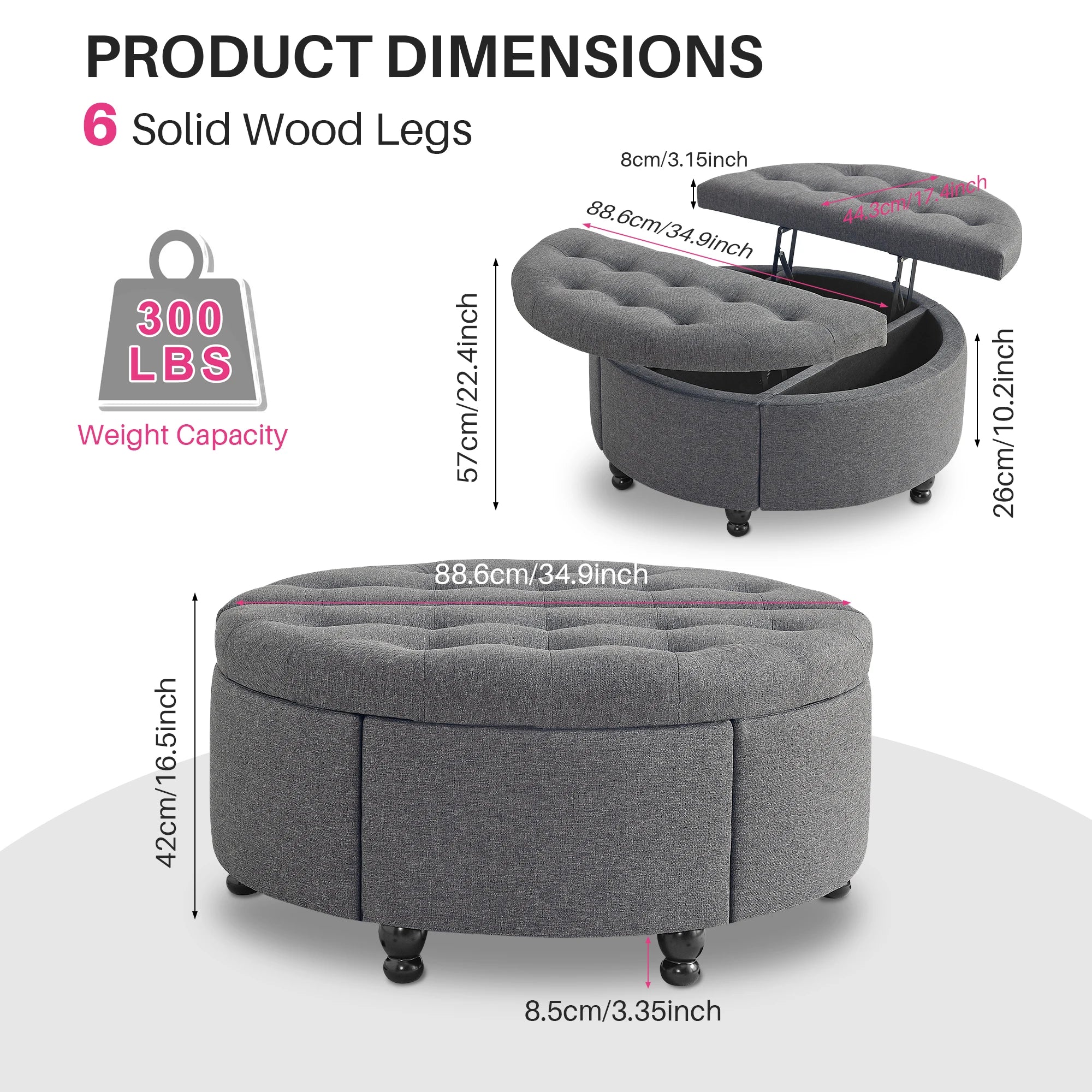 Redlife 35" Round Storage Ottoman， Modern Button Tufted Coffee Table Lift Off Lid  Upholstered Footstool for Living Room Bedroom