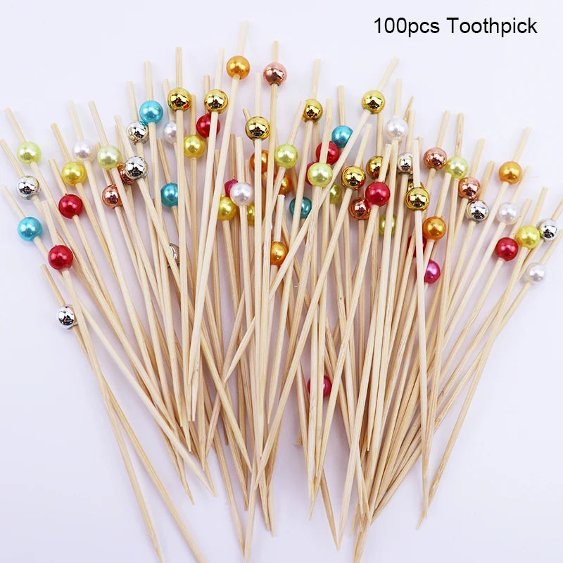 100Pcs White Pearl Bamboo Food Fruit Picks Wedding Party Disposable Cake Dessert Cocktail Sticks Buffet Cupcake Toothpick Skewer