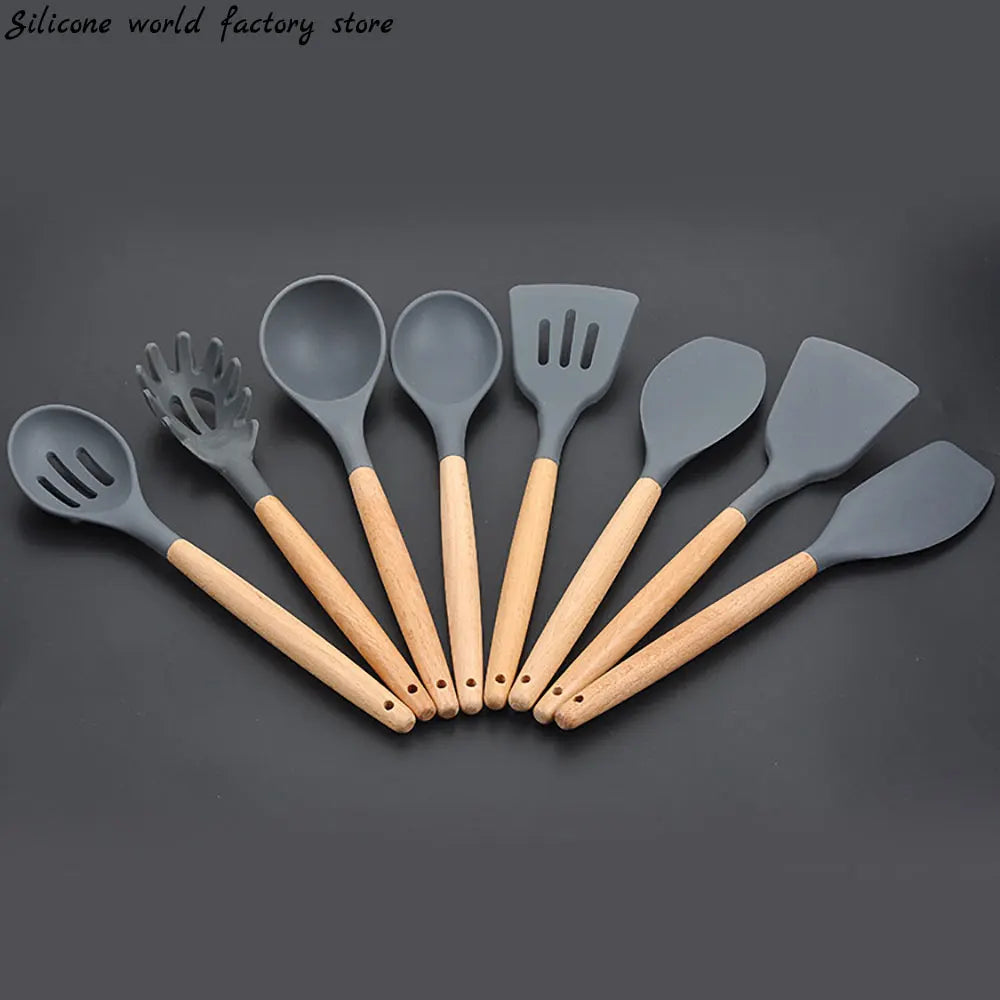 Silicone world Cooking Kitchenware Tool Silicone Utensils With Wooden Multifunction Handle Non-Stick Spatula  Spoon Brush