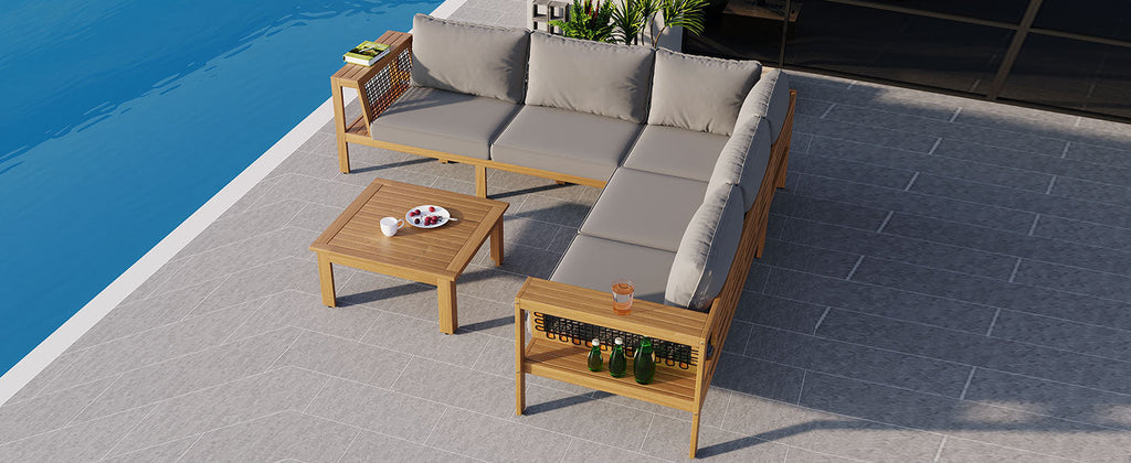 4 Pieces Outdoor Acacia Wood Sofa Set, Woven Mesh Armrests, L-Shaped SHIPPING ONLY IN USA