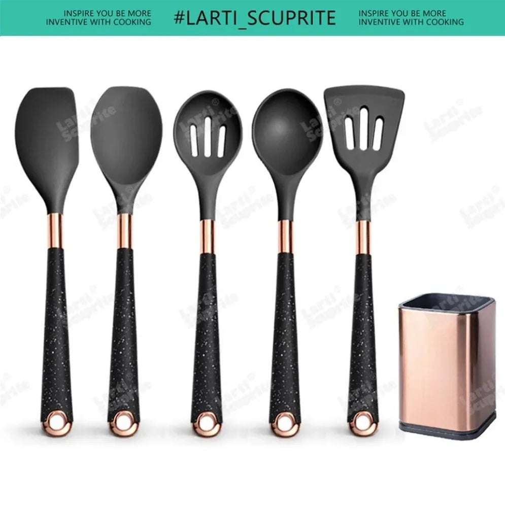 Gold Plated Handle Silicone Cooking Utensils Set Kitchen Non-stick Tool Gadgets BPA FREE Kitchenware Heat Resistant Spatula Set