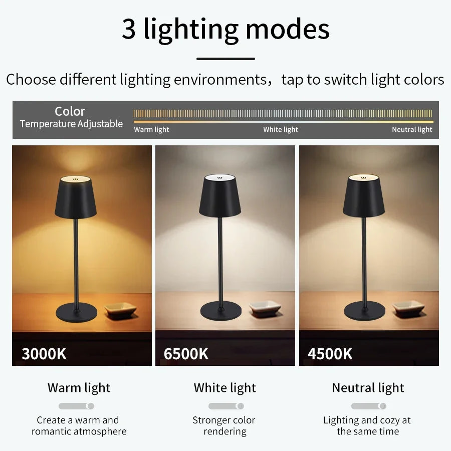 Decorative Rechargeable Led Table Lamp with Touch Switch Wireless 3 Levels Dimmable Light Colors for Office Desk Reading Bedroom
