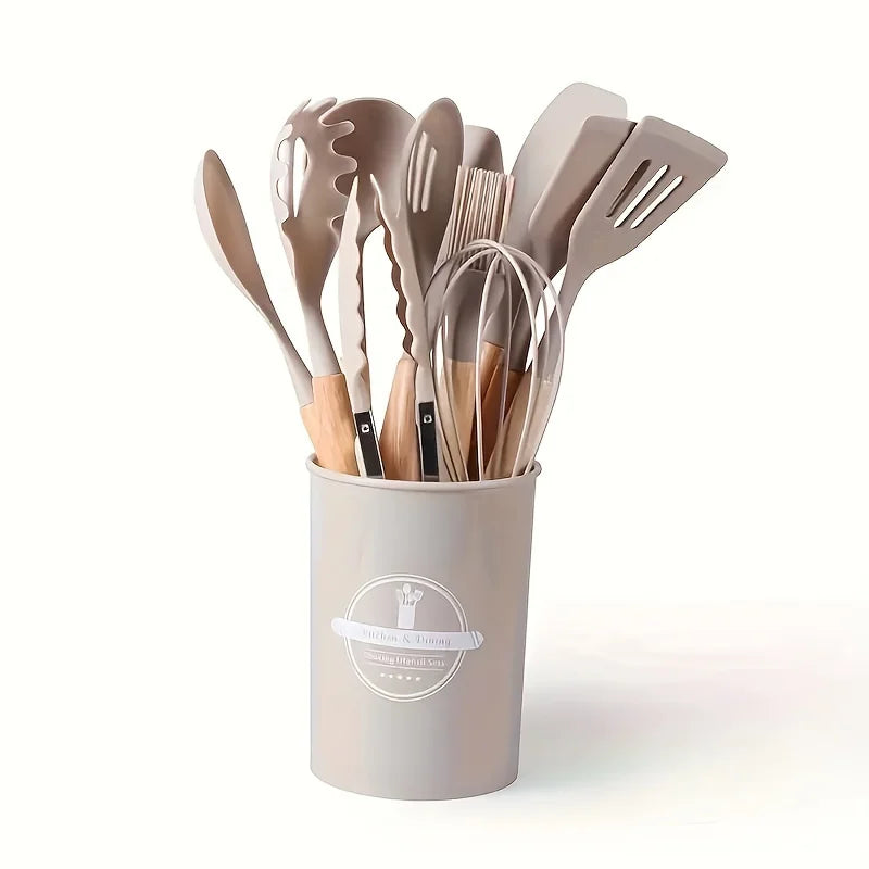 Silicone Kitchen Utensil Set with Wooden Handles Cooking & Baking Tools Including Non-Stick Spatula, Ladle, Whisk & Storage Rack