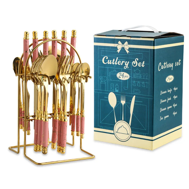 24 Pcs Stainless Steel Cutlery Hammer Pattern Ceramic Handle Knife Fork Spoon Set cutlery set travel cutlery set flatware set