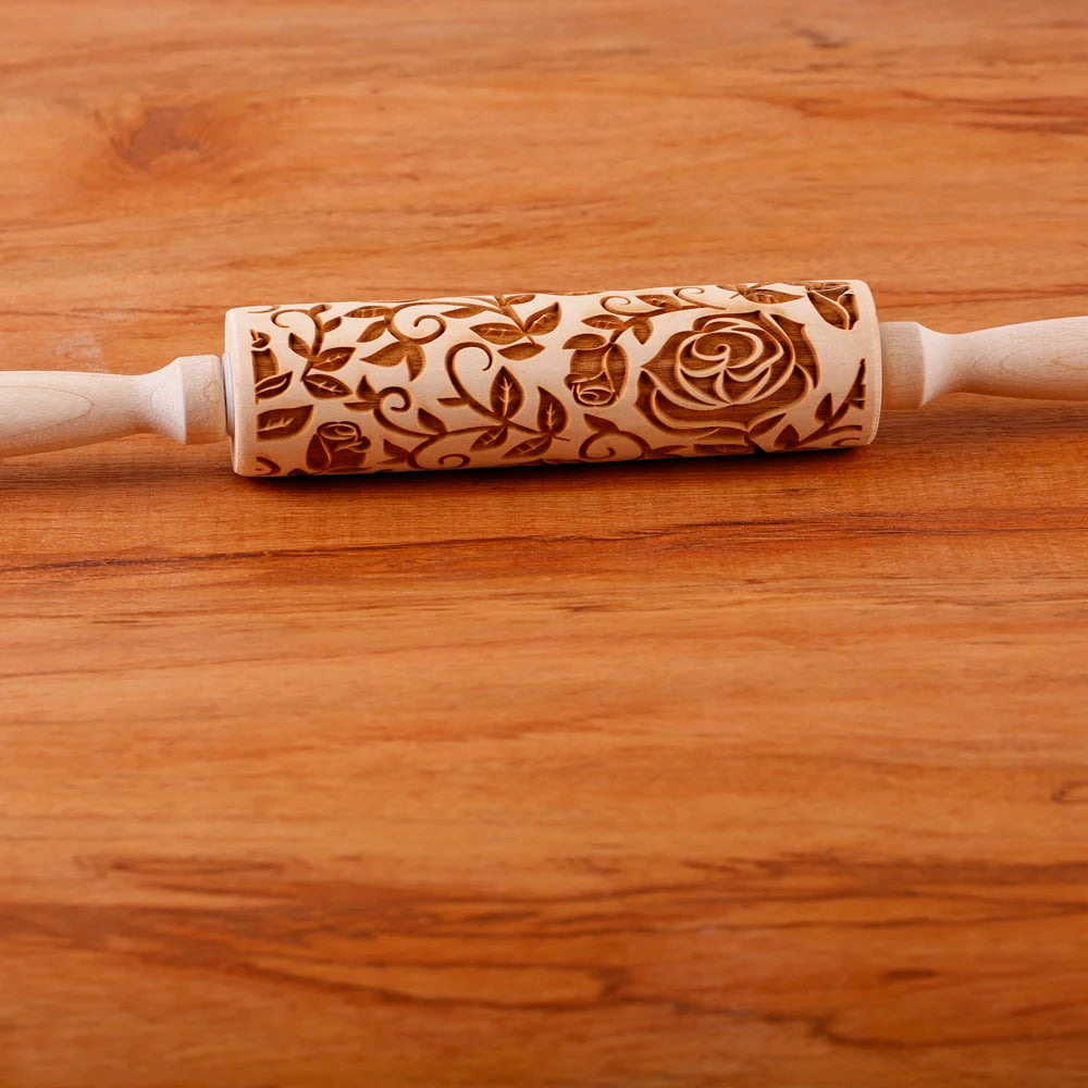 Arjmide 35X4.5CM Deep Engraved Wooden Rose Flower Embossed Rolling Pin for Baking 3D Cookies Mold Tools ZM153