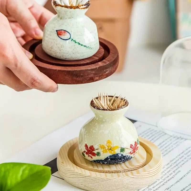 Japanese Style Ceramic Toothpick Holder Mini Retro Cotton Swab Storage Jar Simple Small Vases Decor Toothpick Dispenser Box