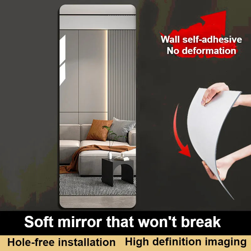 Self Adhesive Acrylic Mirror Wall Sticker HD Full Length Reflective Mirror Sheet for Bedroom Closet Home Wall Decoration Use