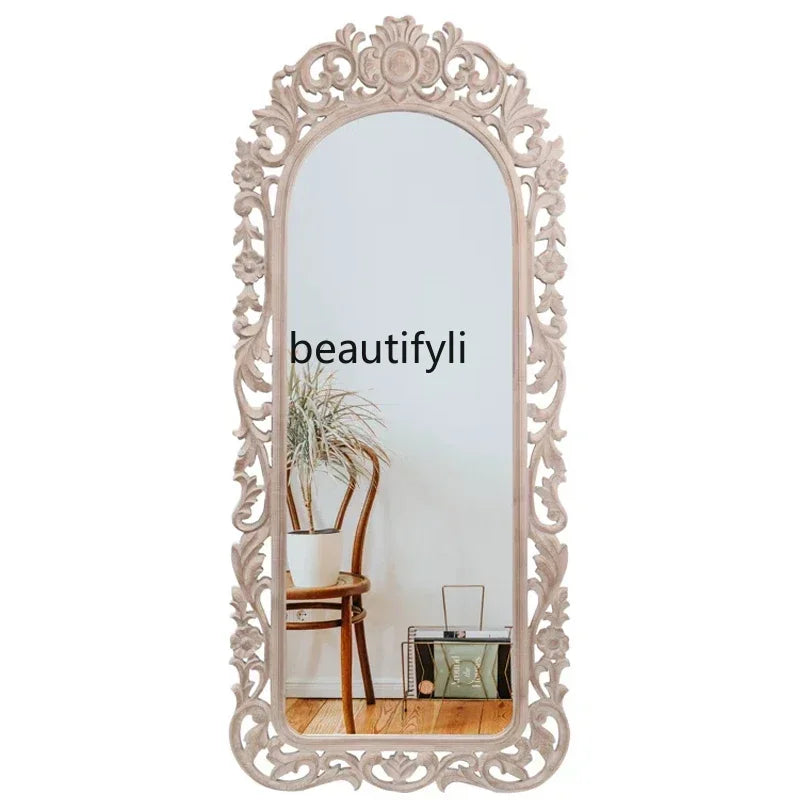 French light luxury carved living room entrance decorative mirror American retro wall-mounted full-length mirror9338