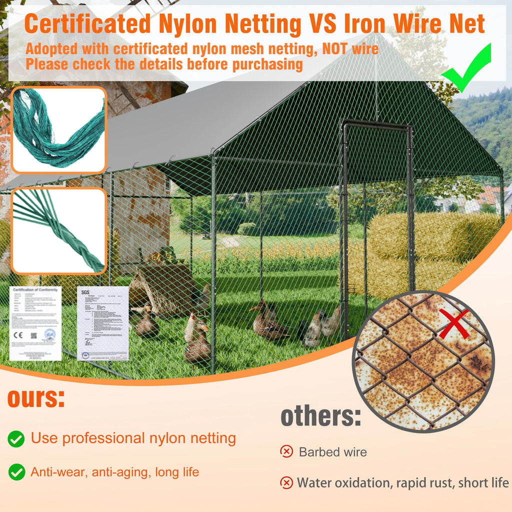 L XL XXL Upgraded Heavy Duty Metal Chicken Coop w/ Cover and Nylon Netting Pet Animal Poultry Run Hen House for Outdoor Backyard